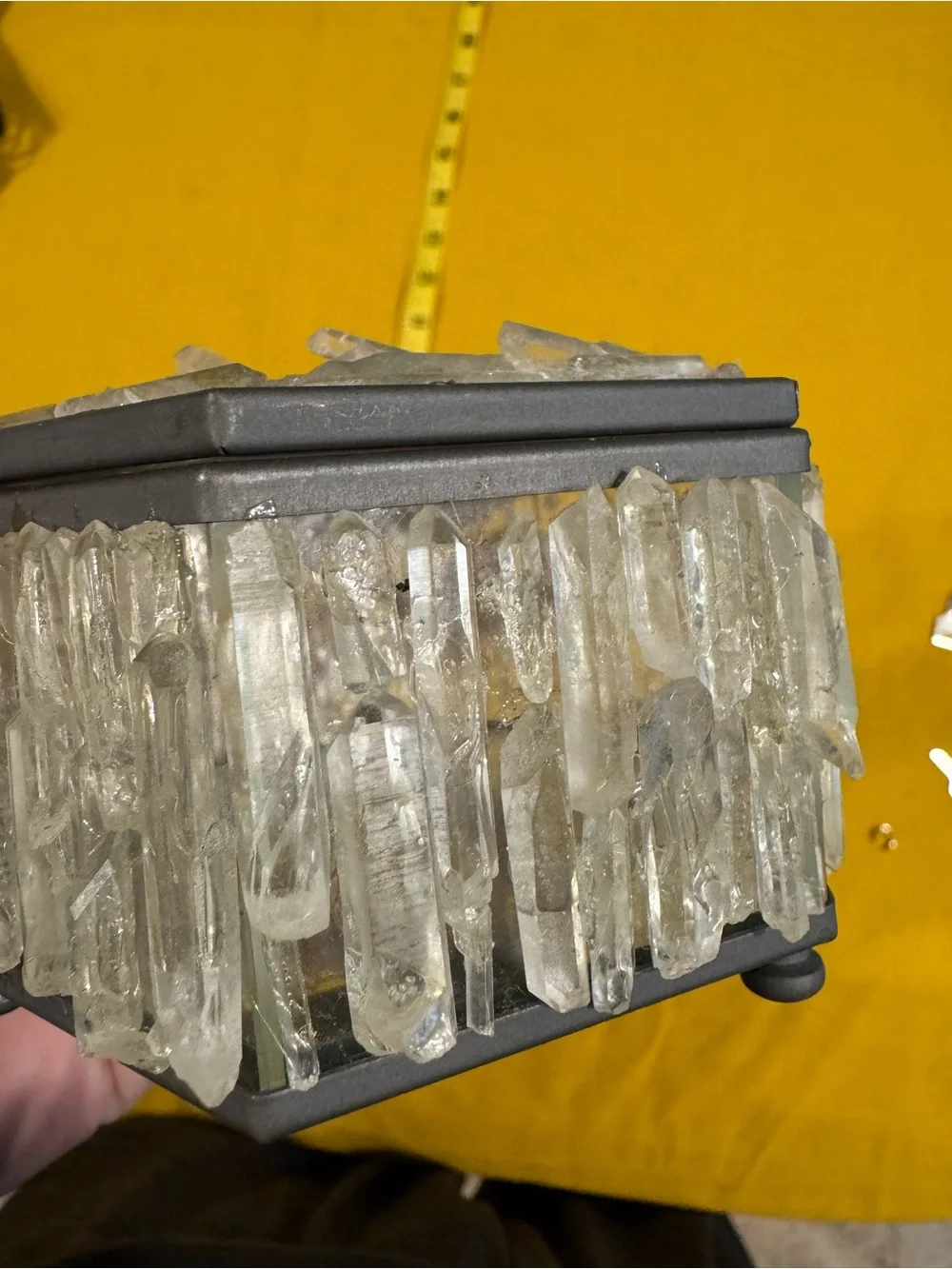 Vintage Hexagonal Raw Clear Quartz Crystal Mirror Trinket Box